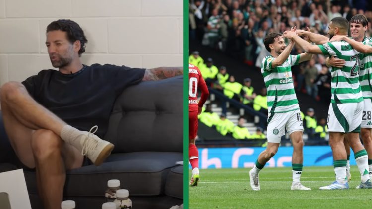 A split image of Charlie Mulgrew as a pundit on Open Goal, including the Celtic players celebrating scoring against Aberdeen in the Scottish Cup fi...