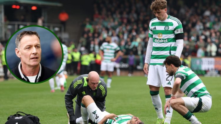 Celtic's Jota injured in the Scottish Premiership win over Dundee United at Tannadice with Chris Sutton looking on.