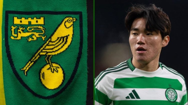 Split image of Celtic winger Hyunjun Yang in action vs Club Brugge in the Champions League and the Norwich City club badge.