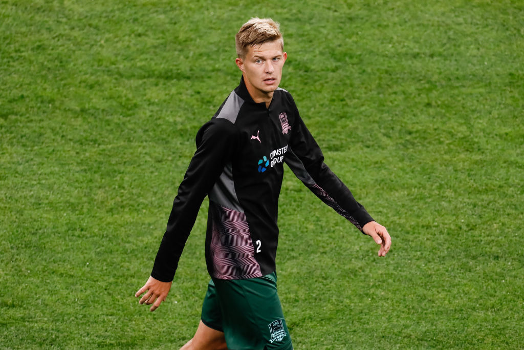 Yegor Sorokin of Krasnodar looks on during warm-up ahead of the Russian Premier League match between FC Zenit Saint Petersburg and FC Krasnodar