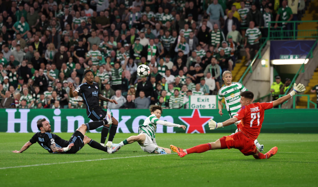 Dominik Takac saves Kyogo Furuhashi's shot during Celtic vs Slovan Bratislava