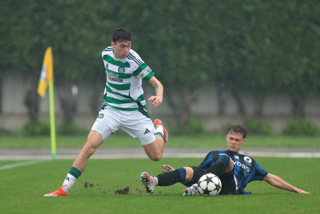Nicolo Baldo of Atalanta clashes with Colby Donovan of Celtic during the UEFA Youth League 2024/25 League Phase MD3 match between Atalanta BC and Celtic FC