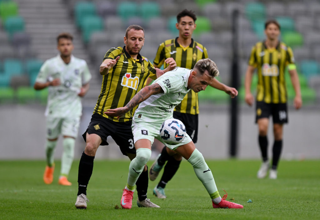 Alejandro Blanco of NK Olimpija Ljubljana is challenged by Jug Stanojev of FC Kairat during the UEFA Champions League 2025/26 first qualifying round first leg match between Olimpija and Kairat Almaty at Stadion Stozice