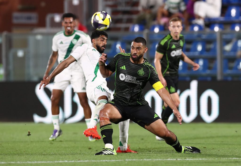 Cameron Carter-Vickers of Celtic FC competes for the ball with Fahad Al-Rashidi of Al-Ahli SFC during the Como Cup match between Al-Ahli and Celtic FC at Giuseppe Sinigaglia Stadium