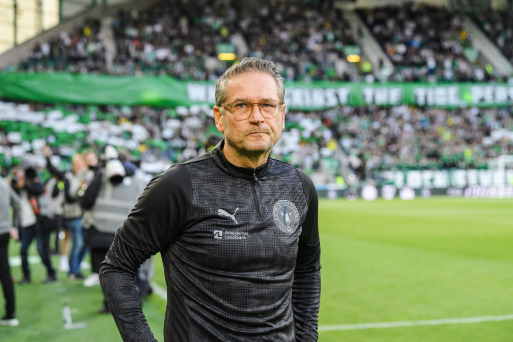 Manager Thomas Thomasberg of FC Midtjylland looks on during the UEFA Europa League 2025/26 second qualifying round second leg match vs Hibernian