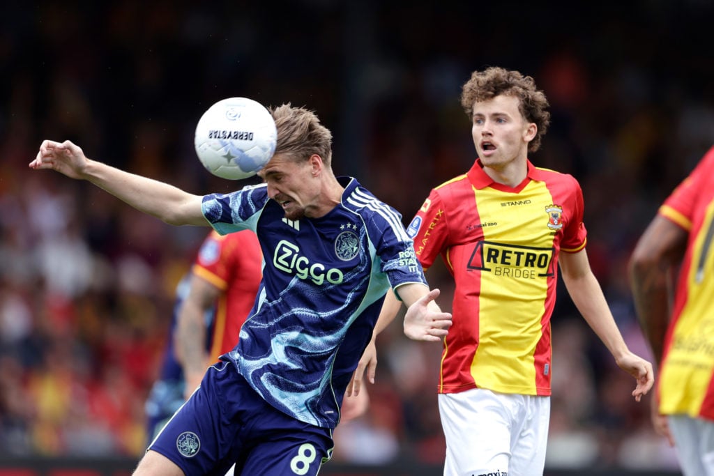 Kenneth Taylor and Jakob Breum stand next to each other during Go Ahead Eagles vs Ajax