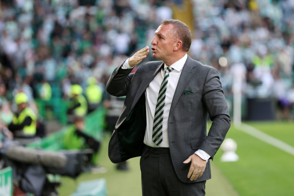 Brendan Rodgers acknowledges the Celtic fans after their game against Falkirk