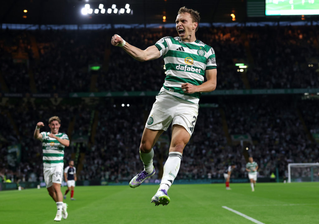 Alistair Johnston celebrates his goal for Celtic against Falkirk in the Premier Sports Cup