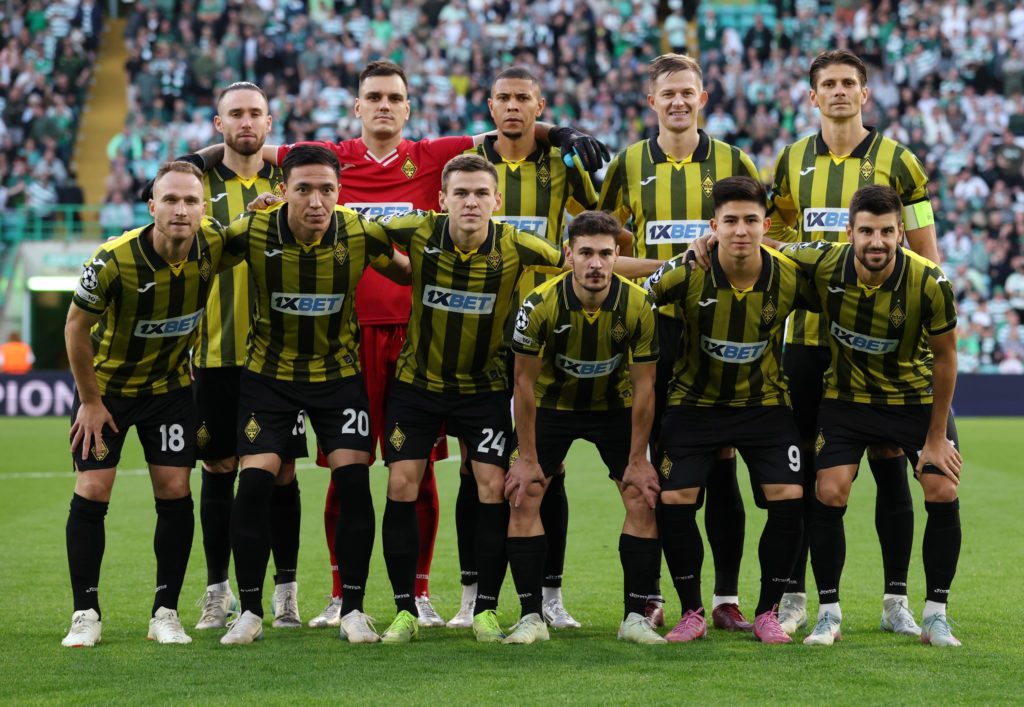 Kairat Almaty pose for a photo for a team group prior to the UEFA Champions League Play-offs Round First Leg match between Celtic and Kairat Almaty
