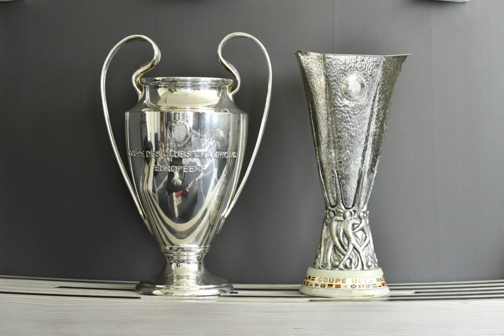 The UEFA Champions League trophy and the UEFA Europa League trophy ahead of the UEFA ECF Season Kick Off 2017/18 on August 23, 2017 in Monaco