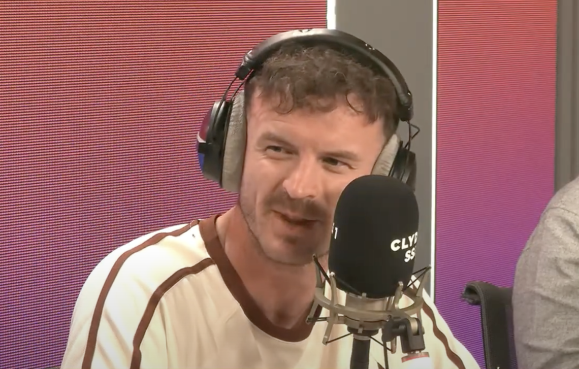 Andy Halliday reacts during live Clyde 1 Superscoreboard radio show in August 2025