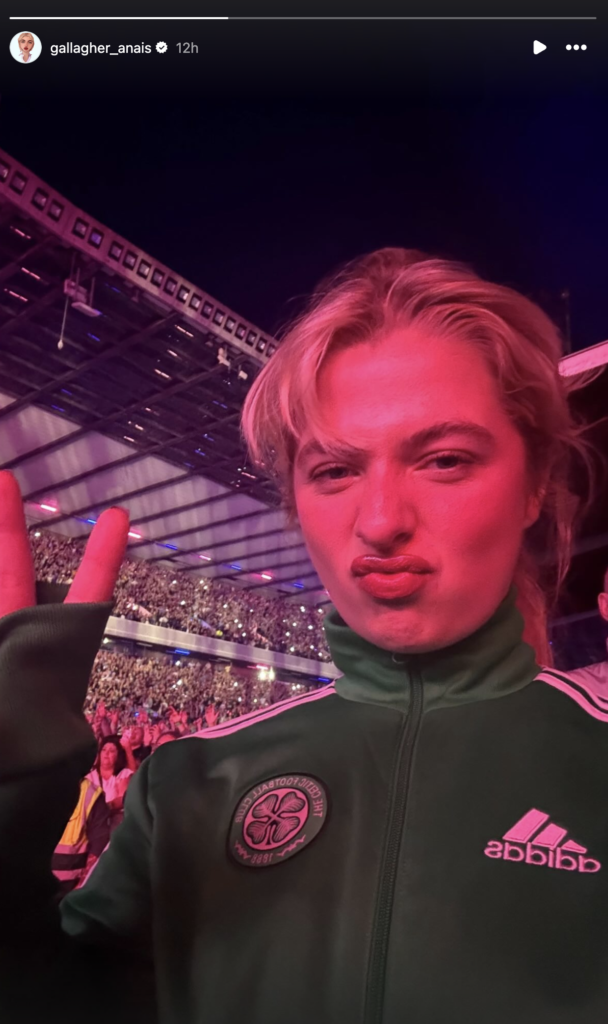 Anais Gallagher takes a selfie wearing a Celtic track top at Oasis Murrayfield gig in August 2025