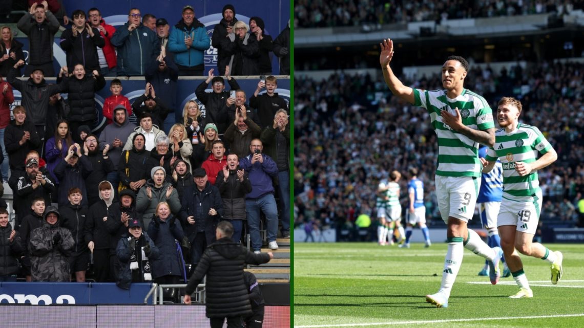 Split image of Adam Idah scoring for Celtic in the Scottish Cup and Swansea City fans.