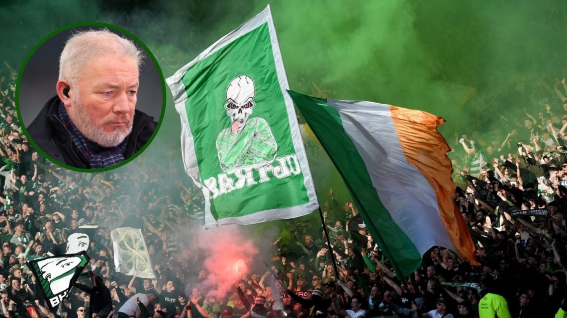 Image of Celtic supporters enjoying the Scottish Cup final at Hampden with an overlay of former Rangers striker Ally McCoist.