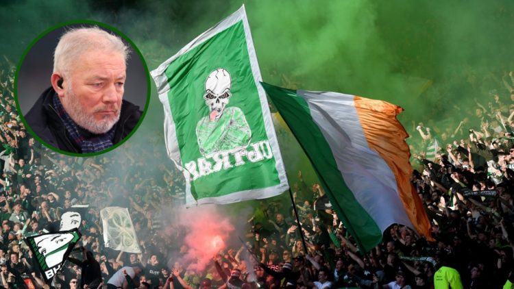 Image of Celtic supporters enjoying the Scottish Cup final at Hampden with an overlay of former Rangers striker Ally McCoist.