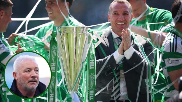 Image of Celtic manager Brendan Rodgers celebrating lifting the Scottish Premiership trophy at Celtic with an overlay of former Rangers striker, Al...