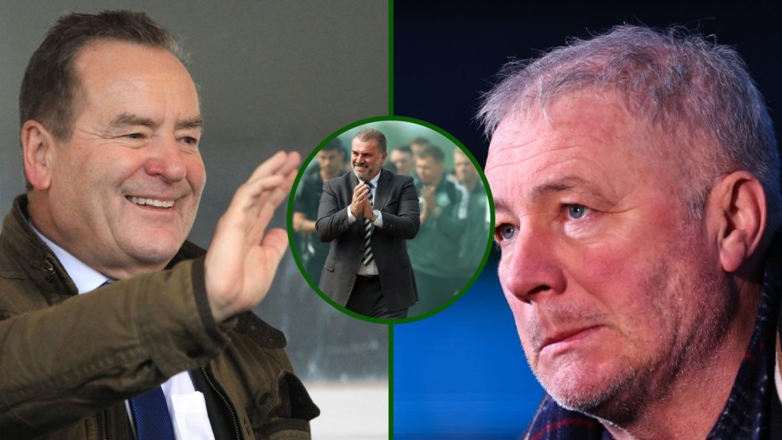 Split image of Jeff Stelling and Ally McCoist with an overlay of Celtic icon Ange Postecoglou.