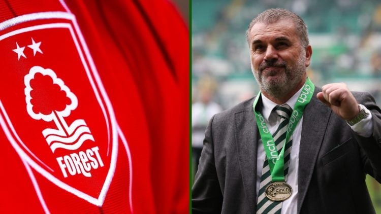 Split image of Ange Postecoglou at Celtic and the Nottingham Forest club badge.