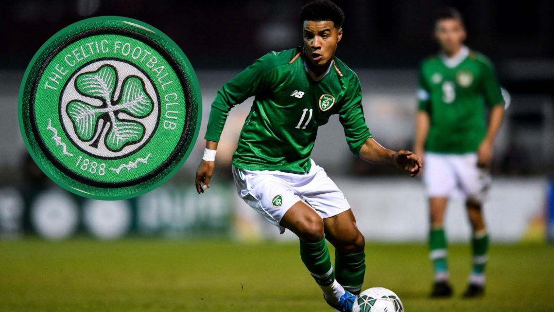 Armstrong Oko-Flex in action for the Republic of Ireland, an inset of the Celtic badge