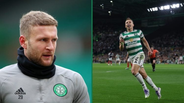 Scott Bain looks on during Celtic vs Motherwell, Alistair Johnston celebrates his goal during Celtic vs Falkirk