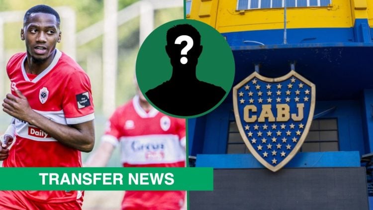 Michel-Ange Balikwisha celebrates his goal for Royal Antwerp, the Boca Juniors badge outside La Bombonera, an inset of a mystery man