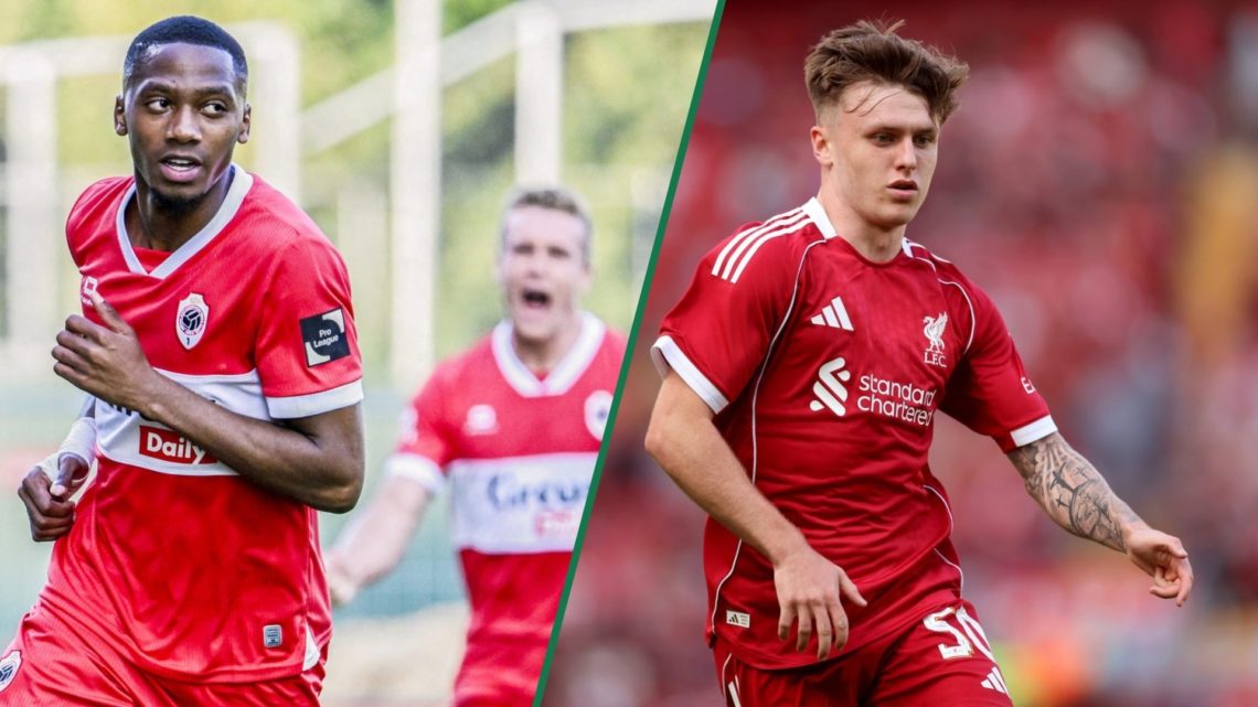 Michel-Ange Balikwisha celebrates after his goal against OH Leuven, Ben Doak in action for Liverpool against Athletic Club Bilbao