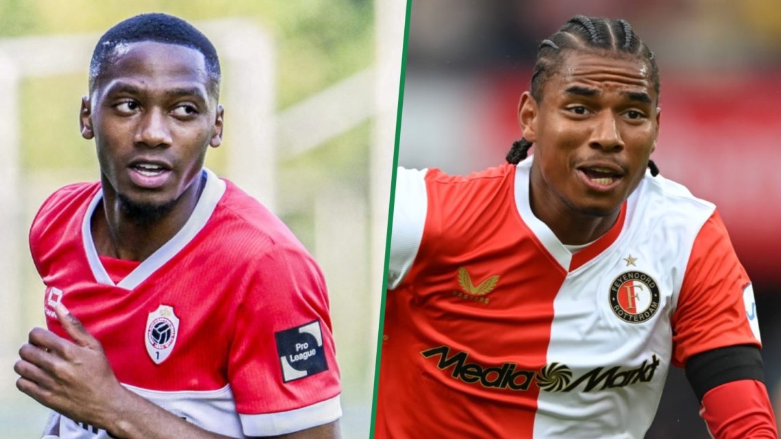 Michel-Ange Balikwisha celebrates scoring for Royal Antwerp left and Calvin Stengs in action for Feyenoord right