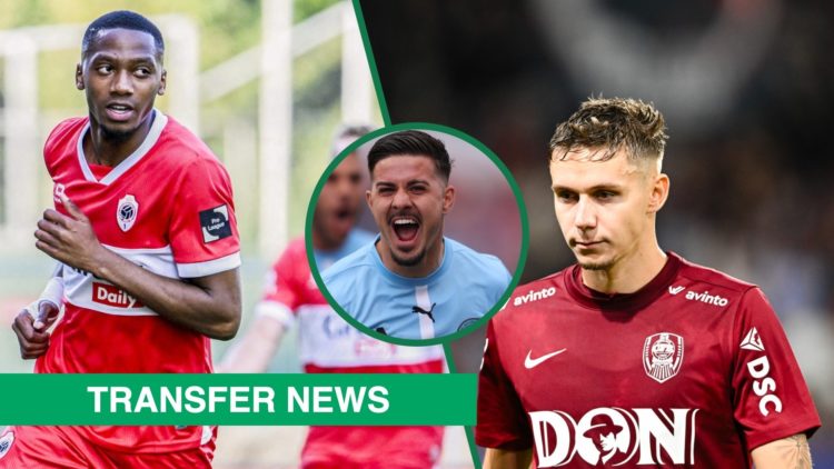Michel-Ange Balikwisha scores for Royal Antwerp, an inset of Marco Tilio celebrating for Melbourne City, Louis Munteanu in action for Cluj