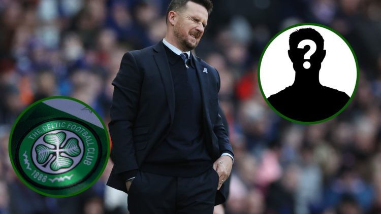 Former Rangers manager Barry Ferguson after Motherwell defeat with an overlay of the Celtic badge and mystery Celtic transfer target, Jamie Vardy.
