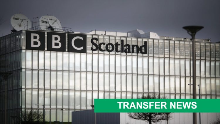 Image of the BBC Scotland headquarters with a 'Transfer News' banner declaring a Celtic transfer update.