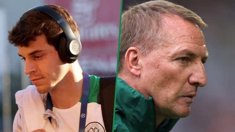 Paulo Bernardo arriving at Celtic Park with headphones on left and Brendan Rodgers during friendly against Newcastle United right