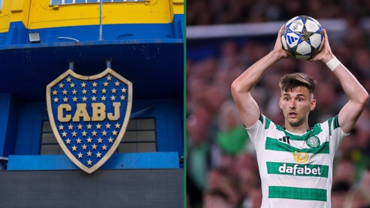 The Boca Juniors badge on the front of La Bombonera, Kieran Tierney takes a throw-in during Celtic vs Kairat Almaty
