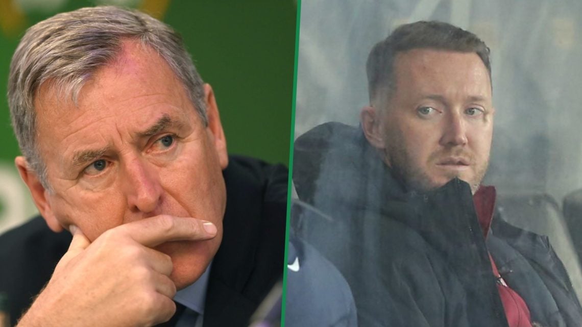 Close-up of former Celtic goalkeeper Pat Bonner left and Aiden McGeady sitting on bench before Hull City vs Sunderland right