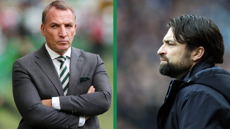 A split image of Brendan Rodgers folding his arms during Celtic vs Livingston and Russell Martin looking on as Rangers face Dundee in the Premiership.