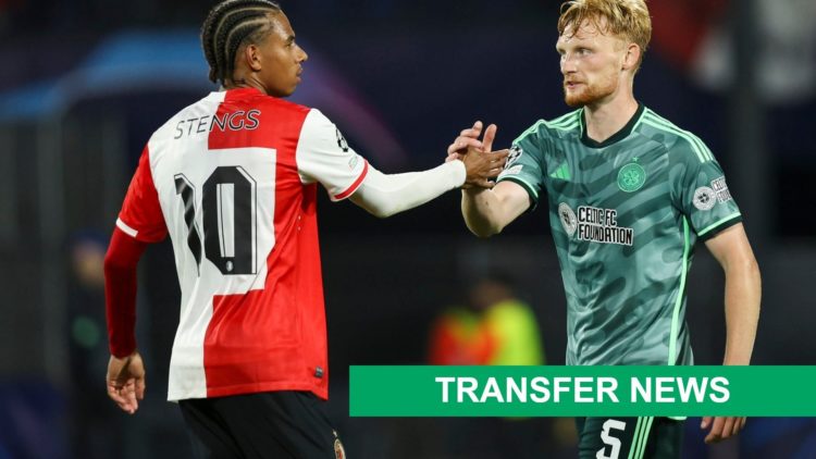 Image of Feyenoord's Calvin Stengs and Celtic's Liam Scales during Champions League game at Rotterdam.