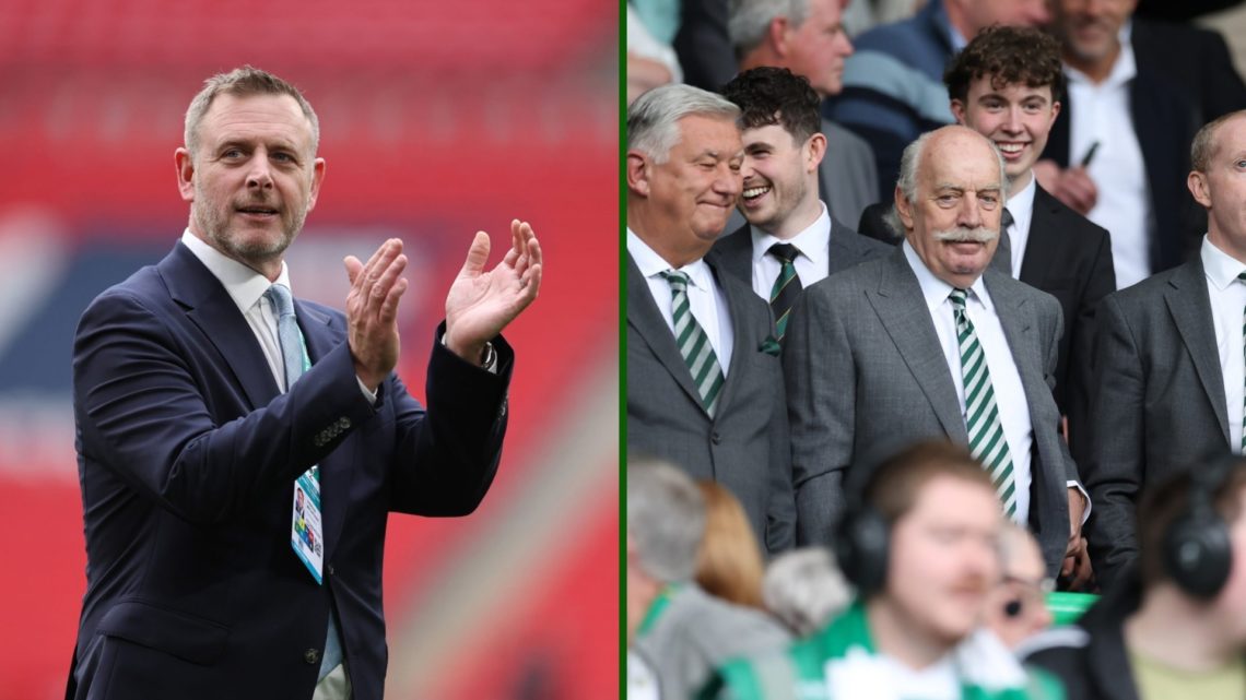 Split image of Peterborough United owner Darragh MacAnthony and the Celtic board.