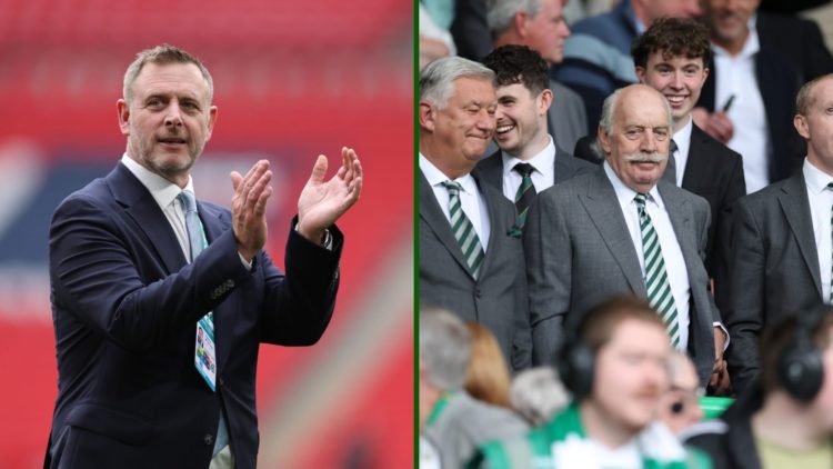 Split image of Peterborough United owner Darragh MacAnthony and the Celtic board.