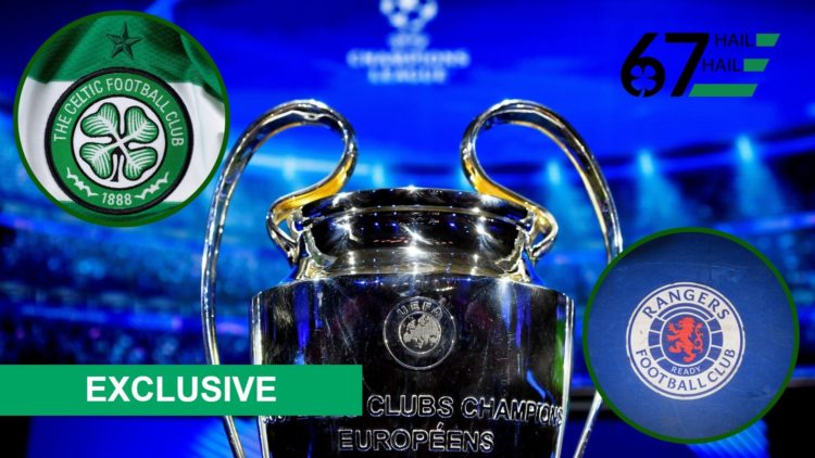 Image of the Champions League trophy with Celtic and Rangers badges as an overlay.