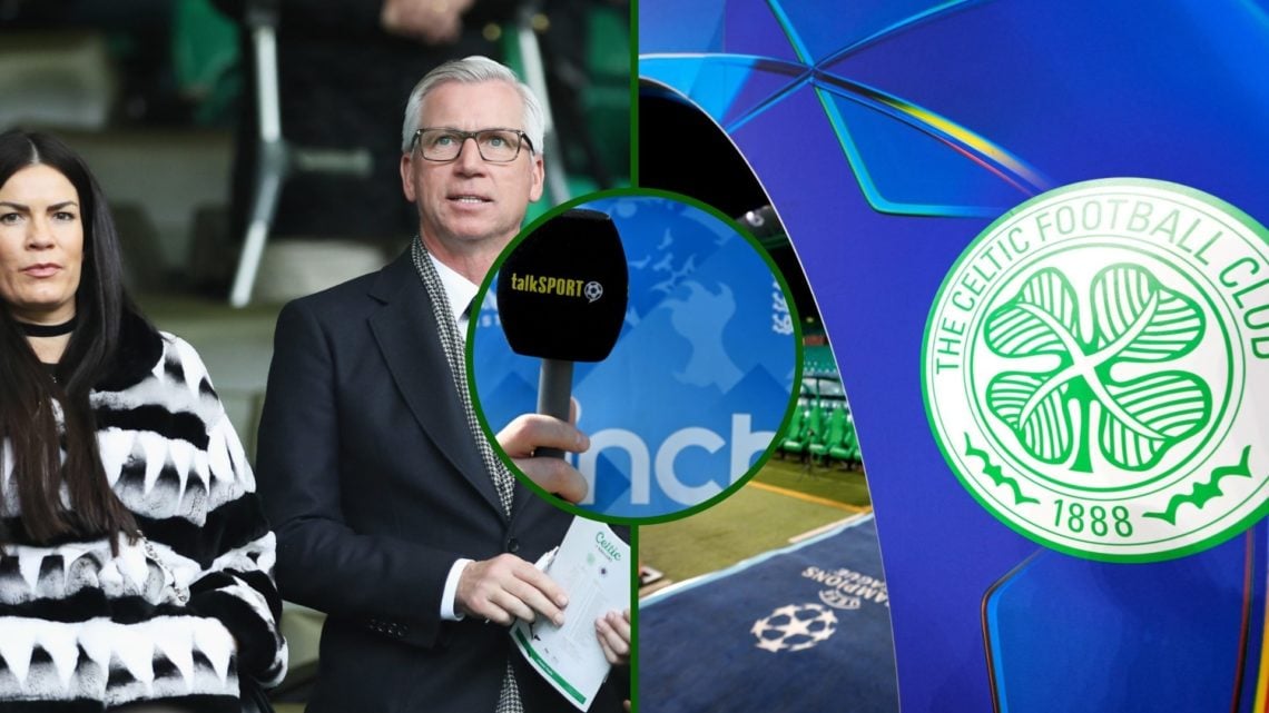 Split image of talkSPORT host Alan Pardew at Celtic Park taking Celtic vs Rangers and the Champions League entrance at Celtic Park with an overlay ...