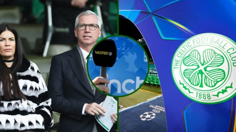Split image of talkSPORT host Alan Pardew at Celtic Park taking Celtic vs Rangers and the Champions League entrance at Celtic Park with an overlay ...