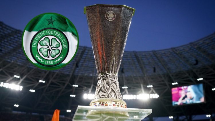 Image of the Europa League trophy and the Celtic badge.
