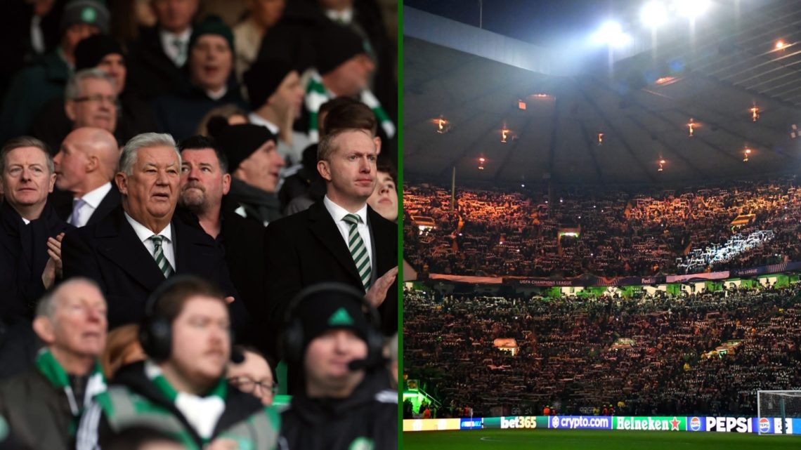 Split image of Celtic supporters inside Celtic Park and Celtic chairman Peter Lawwell and Celtic CEO Michael Nicholson.