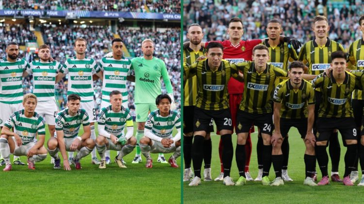 Celtic pose for a team photo before the Champions League tie vs Kairat Almaty, Kairat Almaty pose before their Champions League game vs Celtic