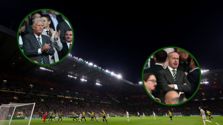 Image of Celtic Park and fans vs Kairat Almaty in the Champions League with an overlay of Celtic chairman Peter Lawwell and Celtic CEO Michael Nich...