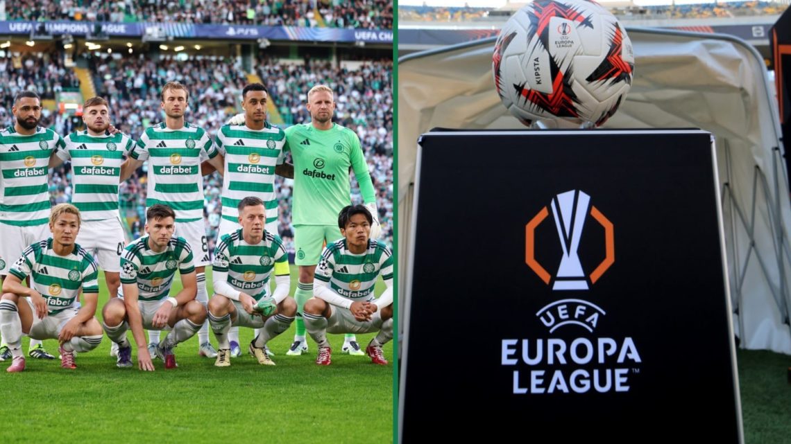 The Celtic squad pose for a photo before Kairat Almaty, a detailed view of the Europa League badge
