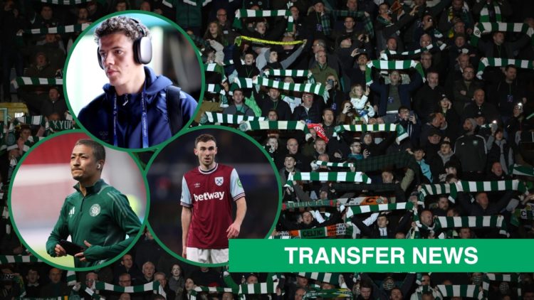 Background of Celtic fans holding up scarves at Celtic Park, inset of Celtic transfer targets Clement Bischoff and Andy Irving as well as Daizen Ma...