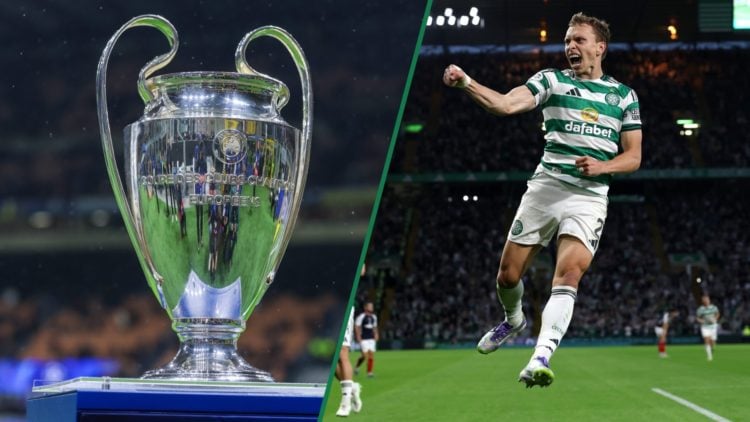 The Champions League trophy on display, Alistair Johnston celebrates his goal for Celtic vs Falkirk
