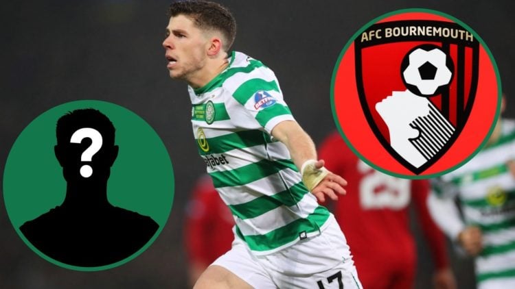 Ryan Christie celebrates his goal for Celtic vs Aberdeen, an inset of a general view of the AFC Bournemouth badge, an inset of a mystery man