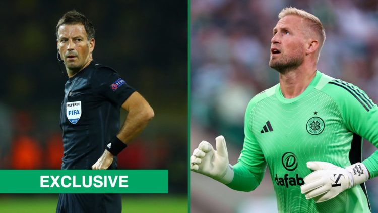 Mark Clattenburg reffing during a UEFA Champions League game, Kasper Schmeichel in action for Celtic vs Kairat Almaty in the Champions League play-off