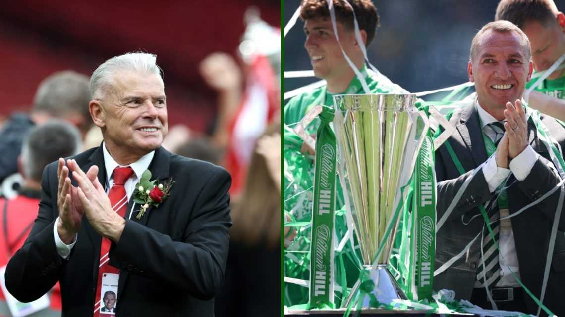Split image of Aberdeen chairman celebrating winning the Scottish Cup and Brendan Rodgers celebrating winning the Scottish Premiership at Celtic Park.